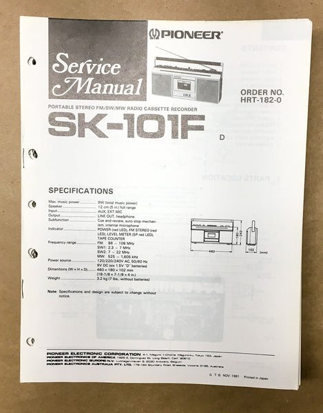 Pioneer SK-101F SK-101 F Radio Cassette Service Manual *Original*