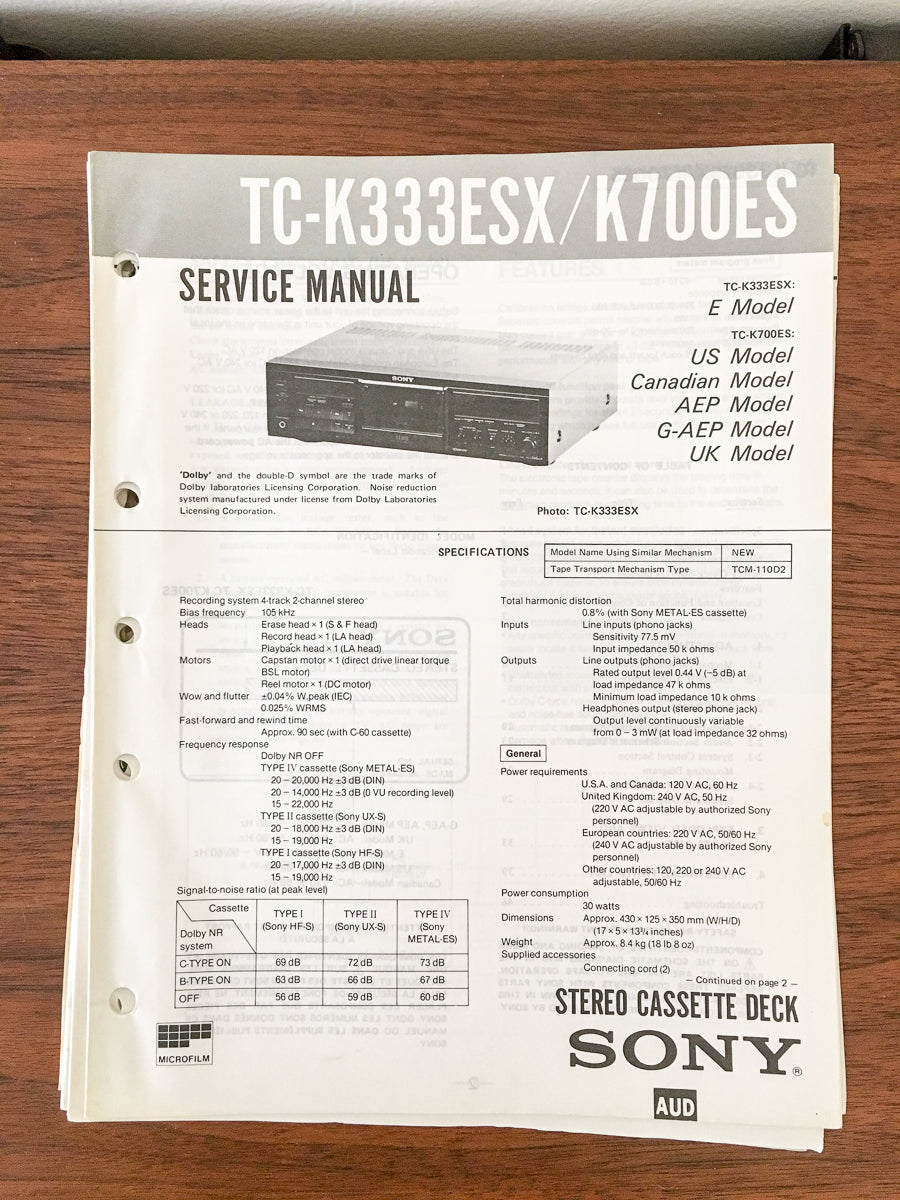 Sony TC-K333ESX / TC-K700ES Cassette  Service Manual *Original*