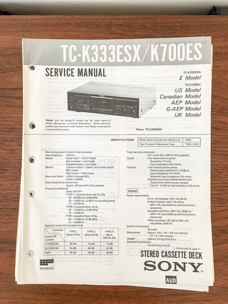 Sony TC-K333ESX TC-K700ES Cassette Service Manual *Original*