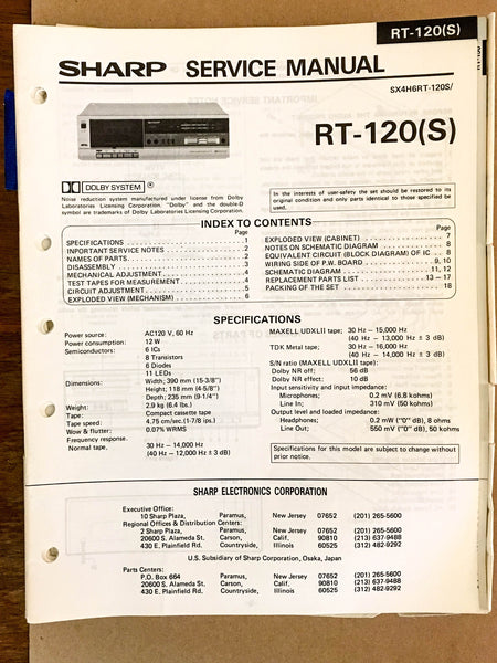 Sharp RT-120 Cassette Deck  Service Manual *Original*