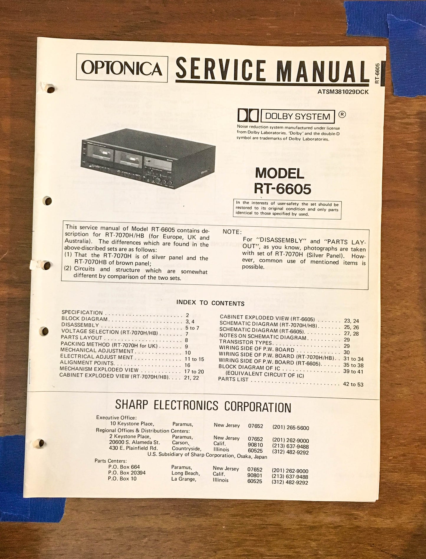 Sharp RT-6605 Cassette Tape Recorder Service Manual *Original*