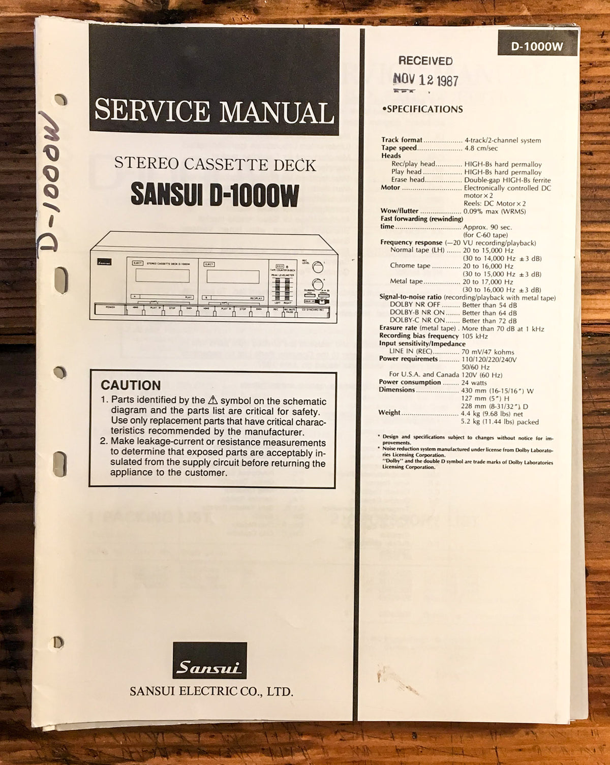 Sansui D-1000W Cassette  Service Manual *Original*