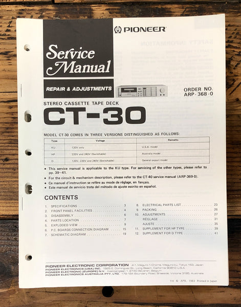 Pioneer CT-30 Cassette Service Manual *Original*