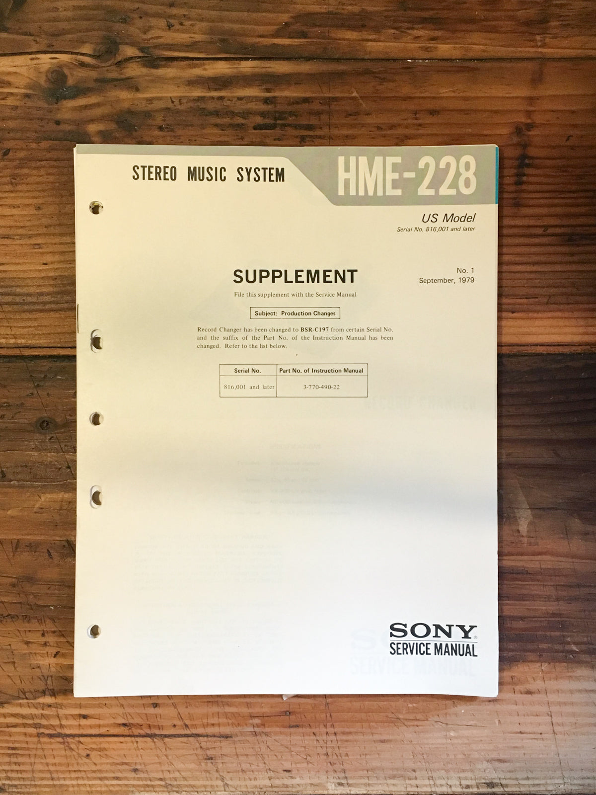 Sony HME-228 Stereo Service Manual Supplement *Original*