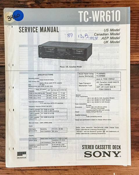 Sony TC-WR610 Cassette Deck  Service Manual *Original*