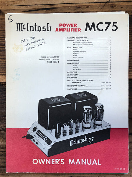 Mcintosh MC75 MC-75 Amplifier  Owner / User Manual *Original*