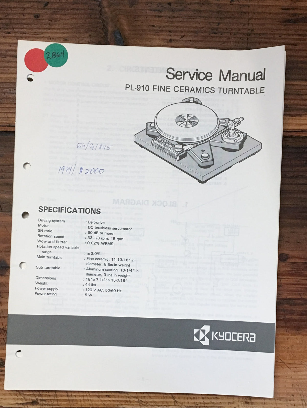 Kyocera PL-910 Record Player / Turntable  Service Manual *Original*