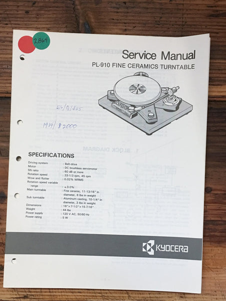 Kyocera PL-910 Record Player / Turntable  Service Manual *Original*