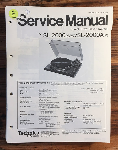Technics SL-2000 SL-2000A Turntable / Record Player  Service Manual *Original*