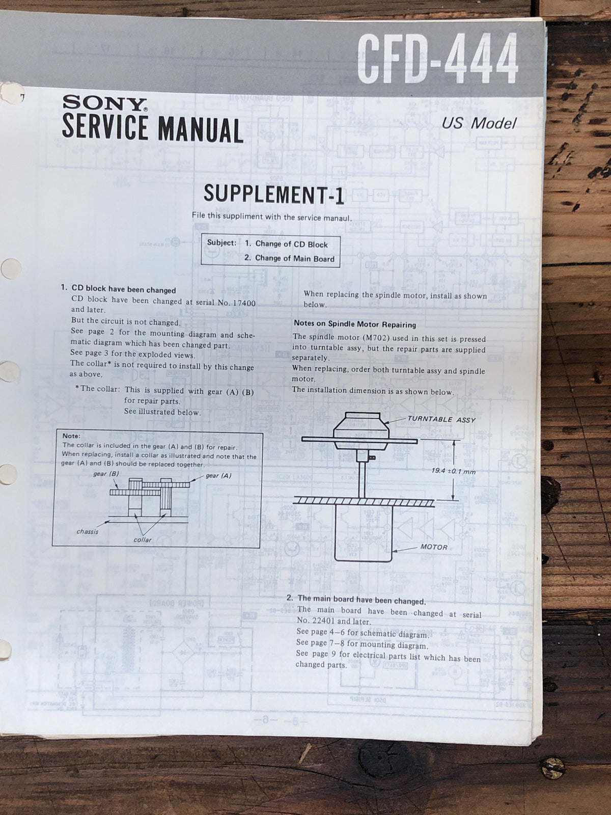 Sony CFD-444 Tape Player Supp. Service Manual *Original*
