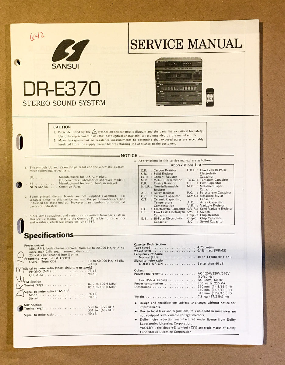 Sansui DR-E370 Stereo Service Manual *Original*