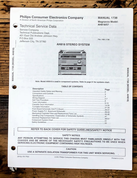 Magnavox Sylvania AH 818 / 57 Stereo Service Manual *Original*
