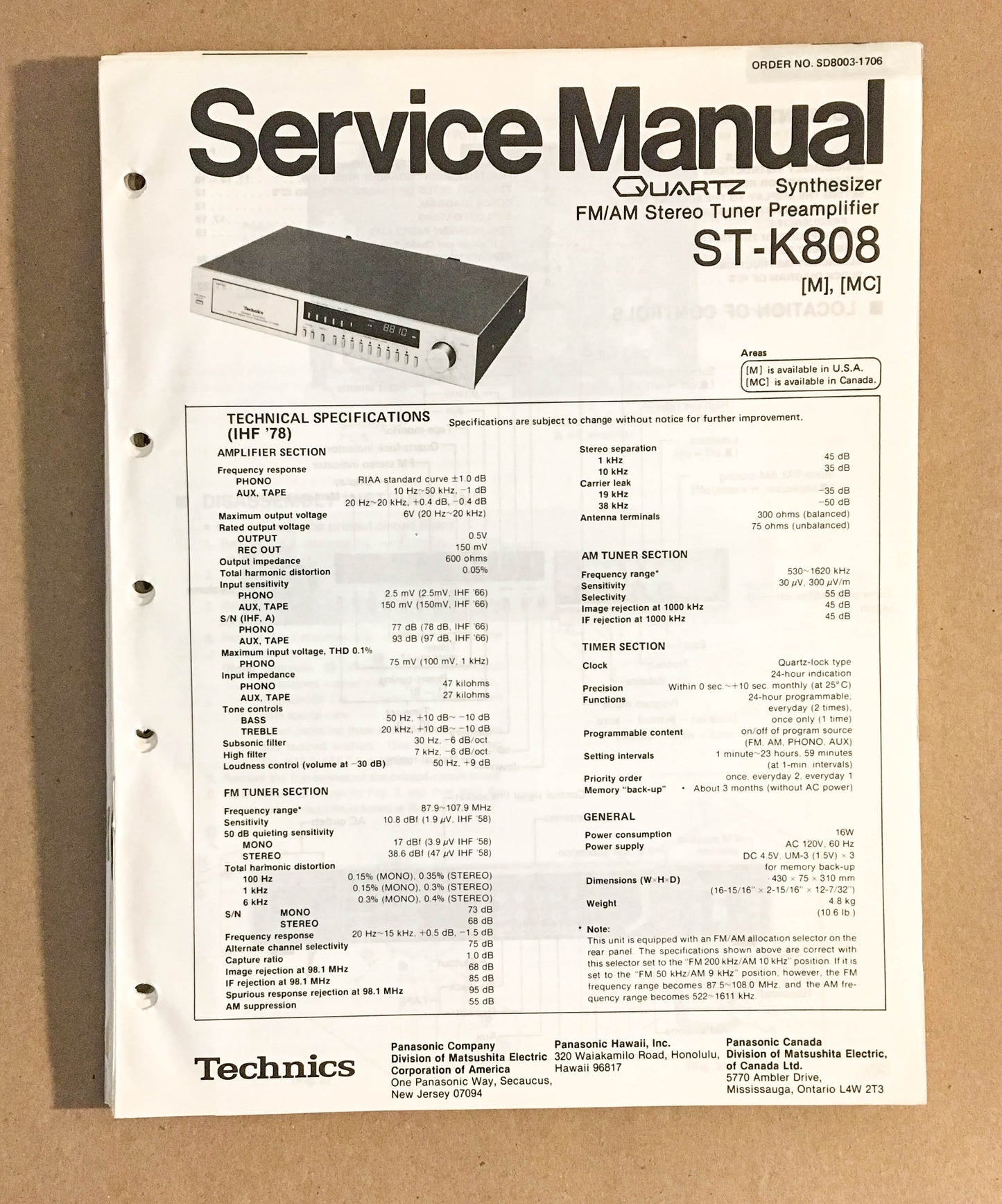 TECHNICS ST-K808 TUNER  Service Manual *Original*
