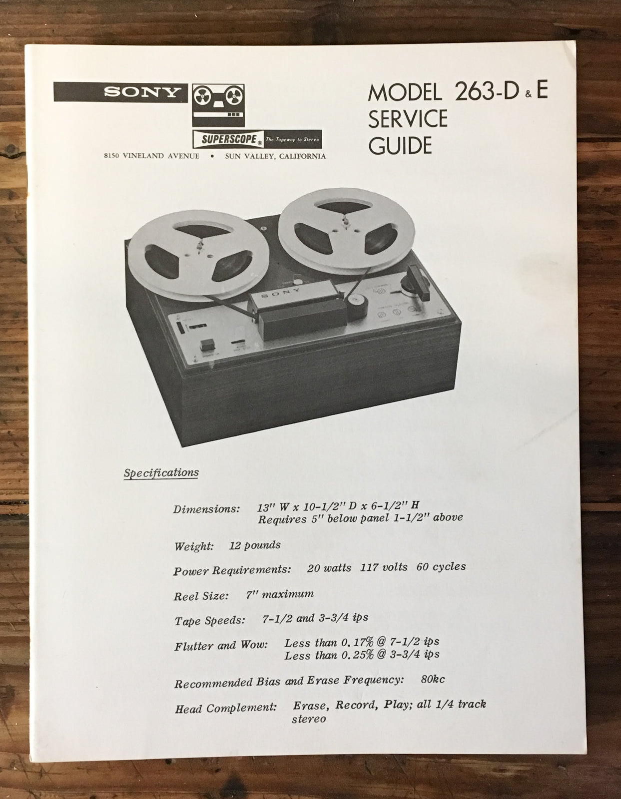 Sony Model 263-D 263-E Tape Recorder Service Manual *Original*