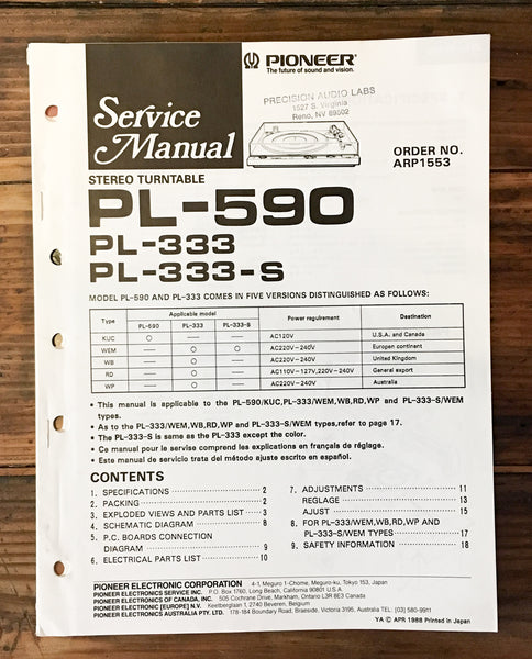 Pioneer PL-590 PL-333 Record Player / Turntable Service Manual *Original*