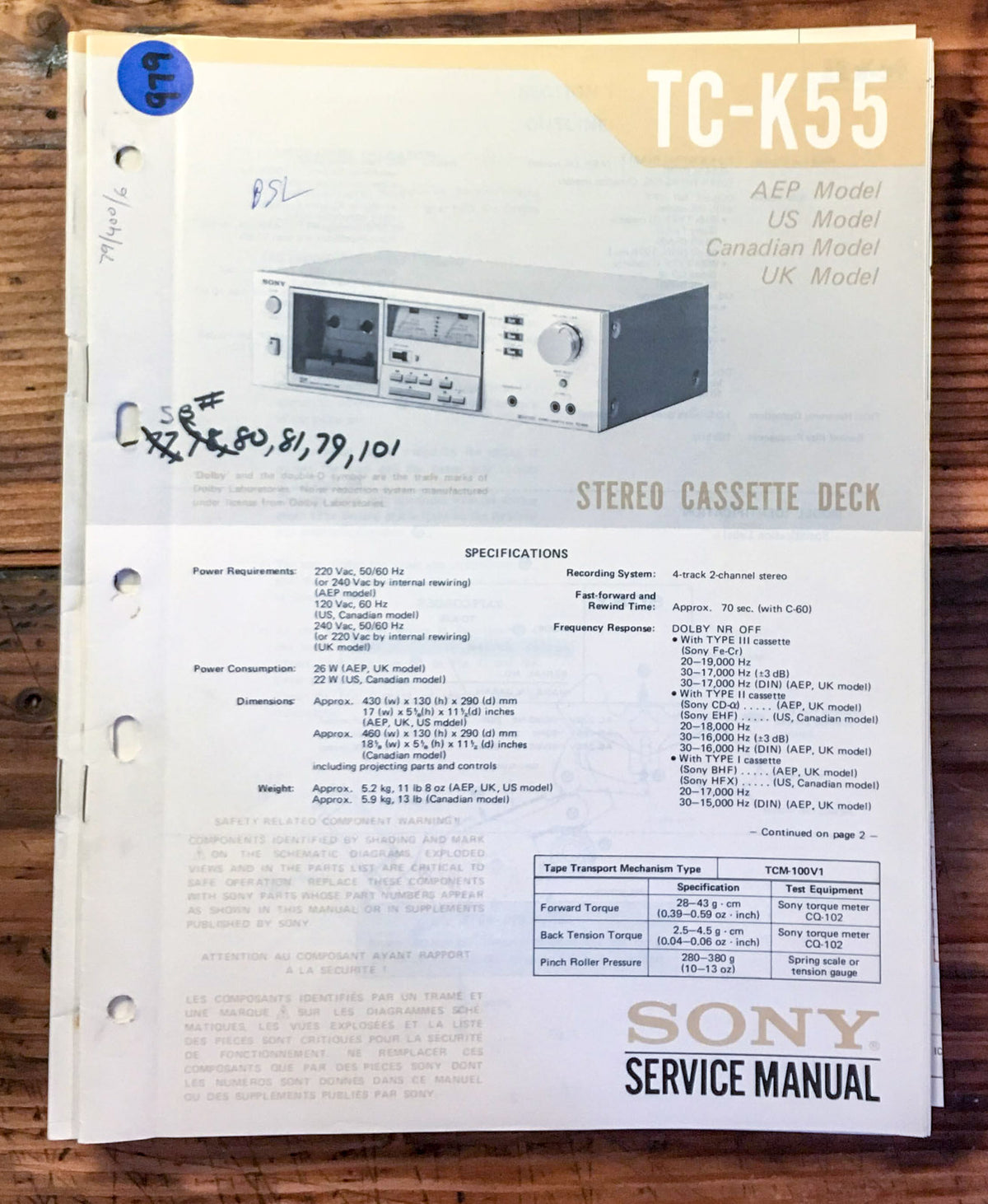 Sony TC-K55 Cassette Deck  Service Manual *Original*