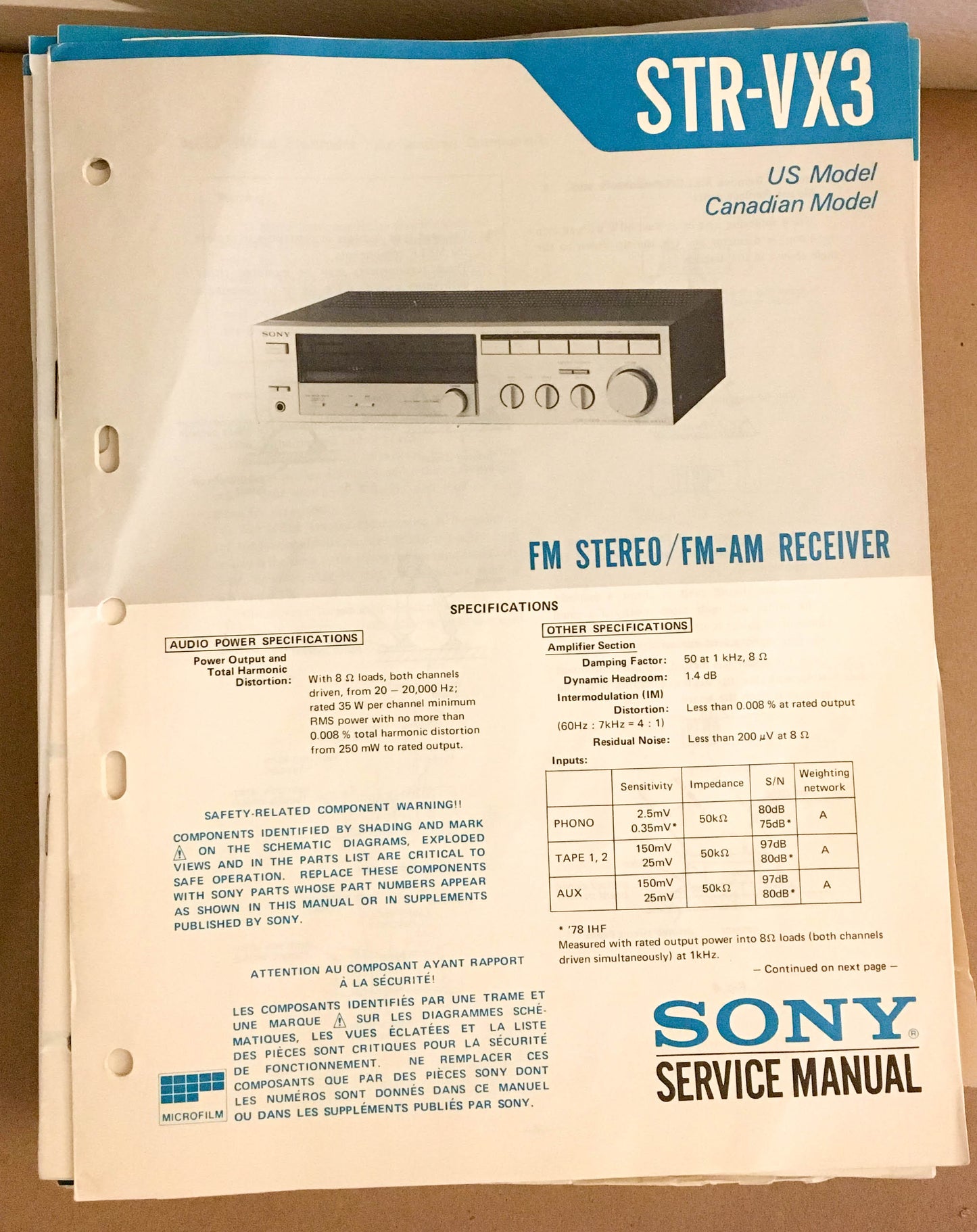 Sony STR-VX3 Receiver  Service Manual *Original*