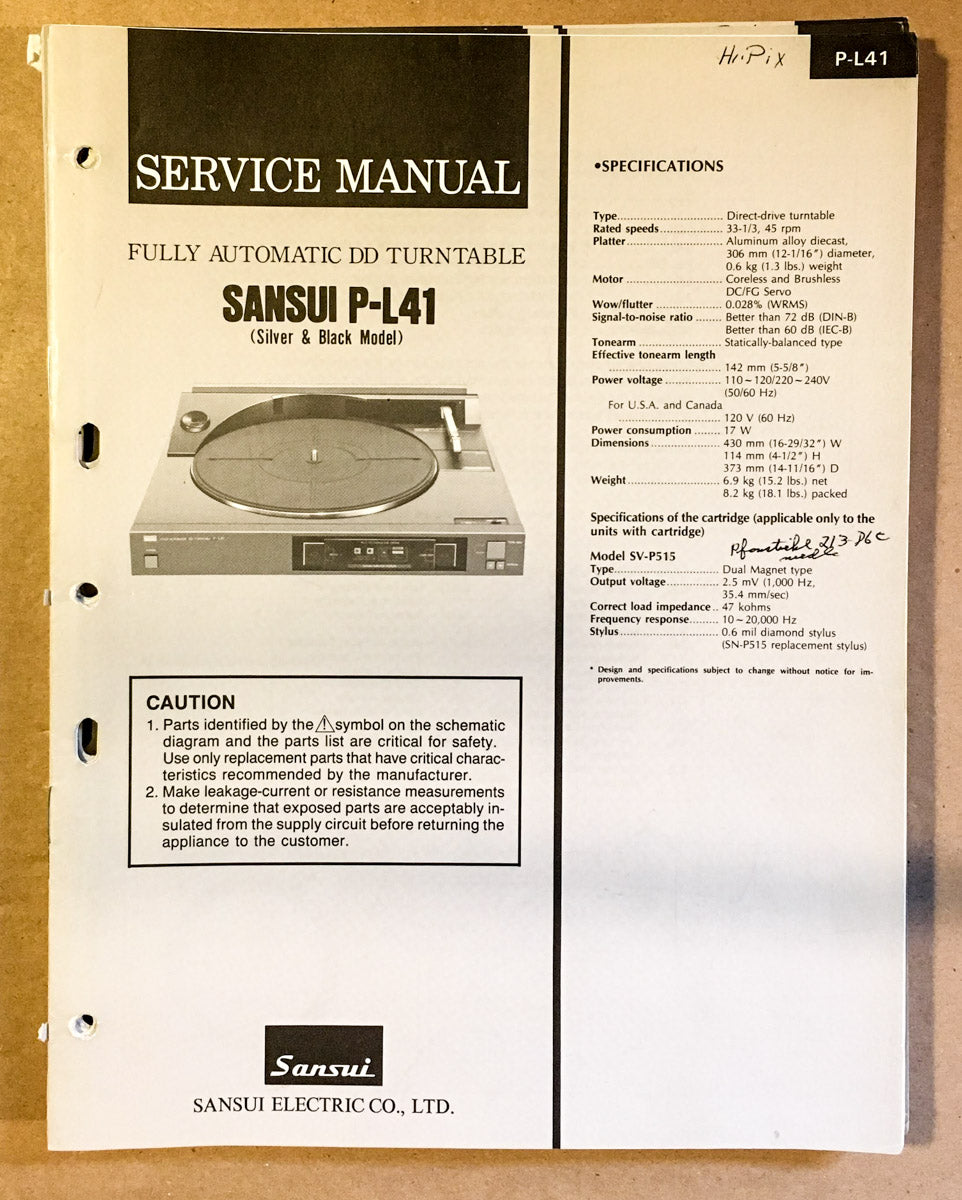 Sansui P-L41 Record Player / Turntable  Service Manual *Original*