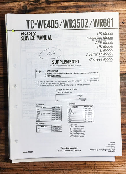 Sony TC-WE405 -WR350Z -WR661 Cassette  Service Manual Supplement *Original*
