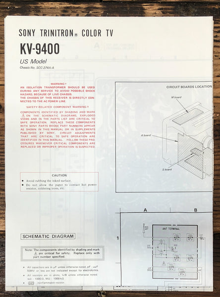 Sony KV-9400 TV  Large Fold Out Schematic *Original*