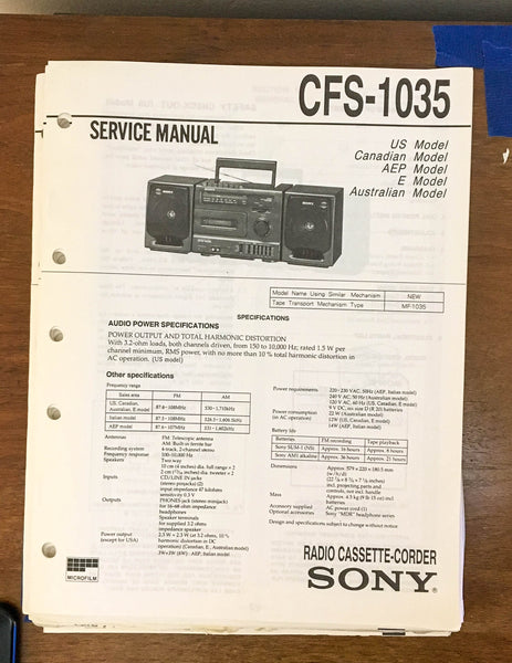 Sony CFS-1035 Radio Cassette Recorder / Boombox Service Manual *Original*