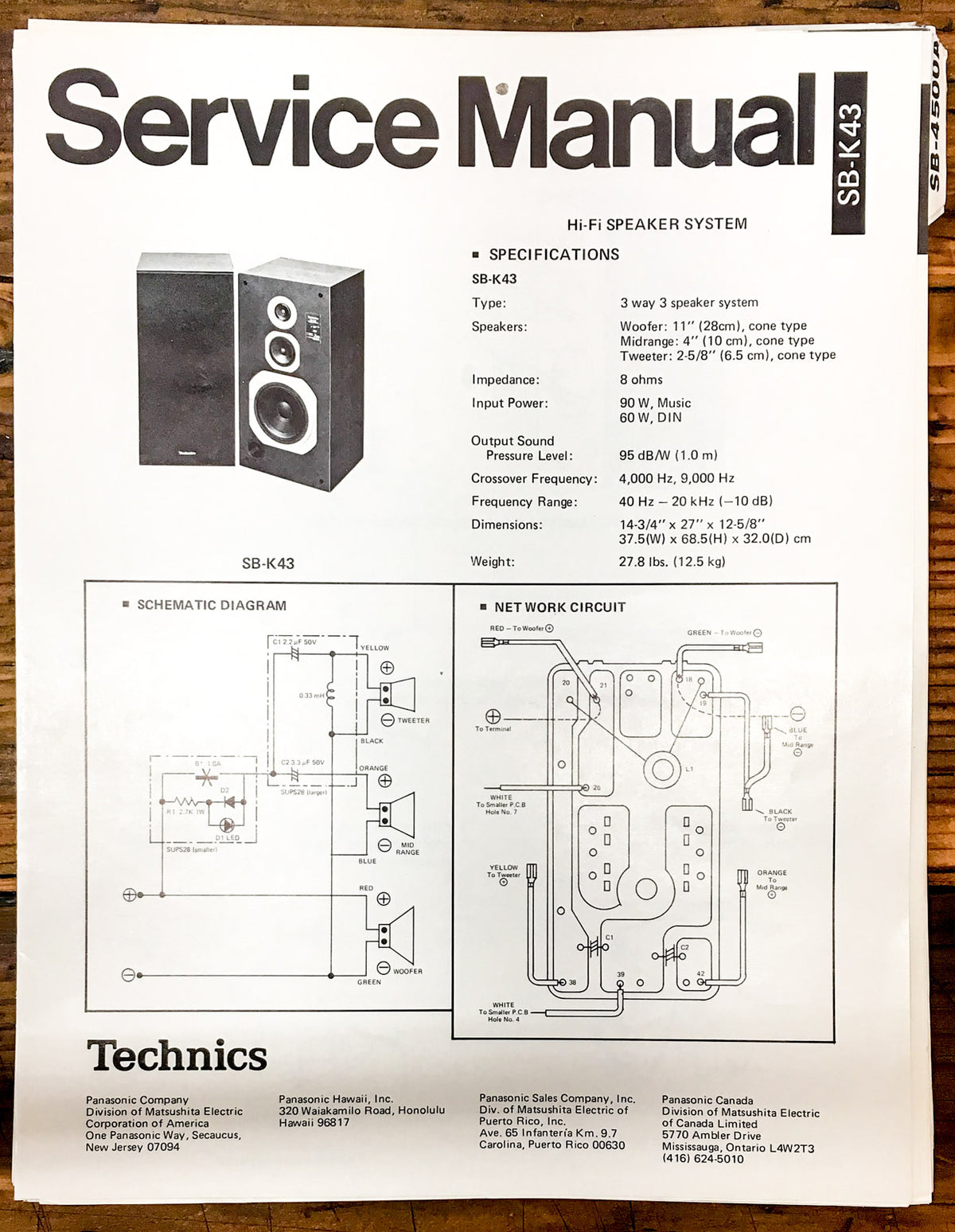 Technics SB-K43 Speaker  Service Manual *Original*