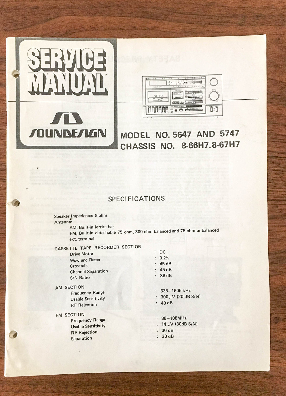 SoundDesign Sound Design Model 5647 5747 8-66H7.8 8-67H7  Service Manual *Orig