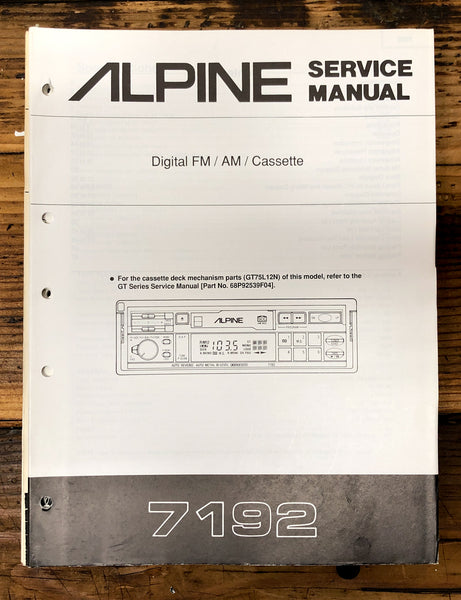 Alpine Model 7192 Car Radio Cassette  Service Manual *Original*