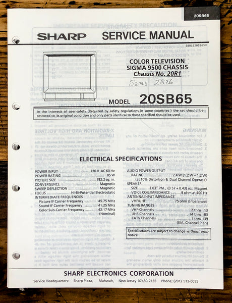 Sharp 20SB65 TV / Television Service Manual *Original*