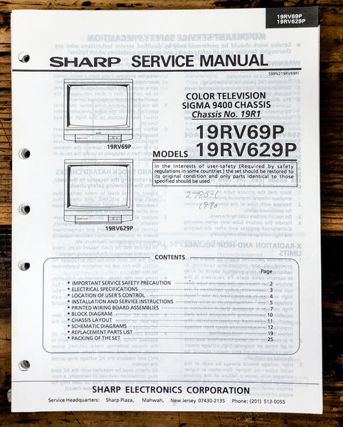 Sharp 19RV69P 19RV629P TV / Television Service Manual *Original*