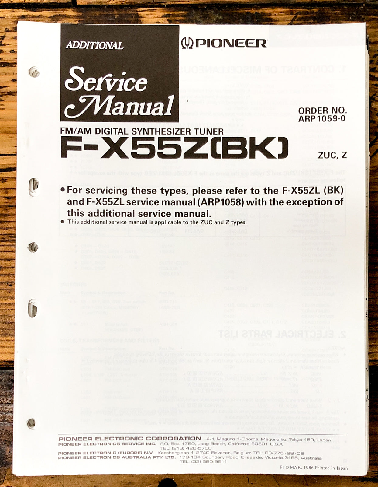 Pioneer F-X55Z Tuner Add. Service Manual *Original*