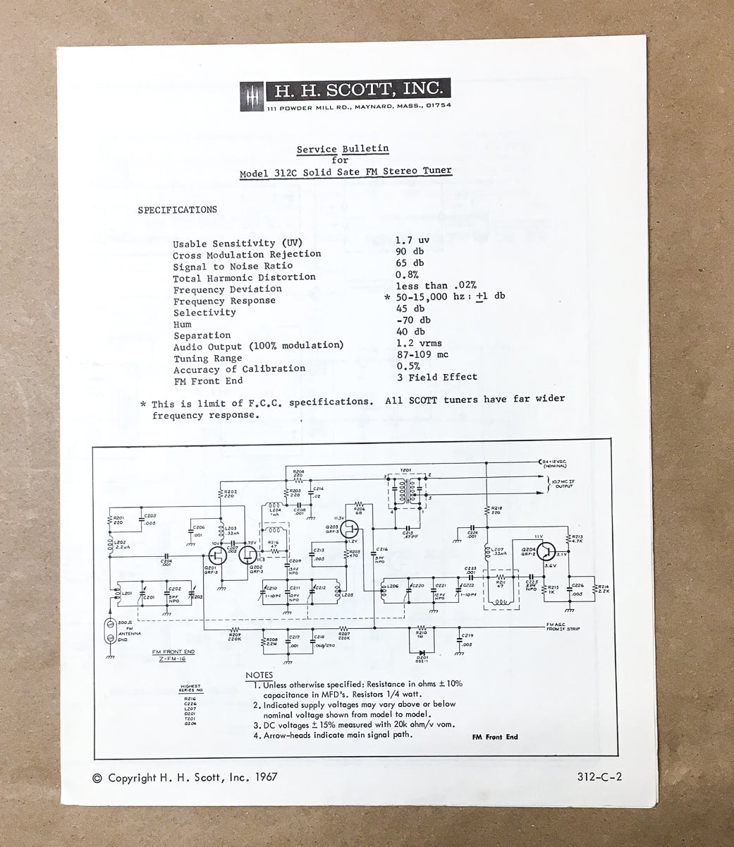 H.H. Scott Model 312-C Broadcast Tuner Service Bulletin *Original*