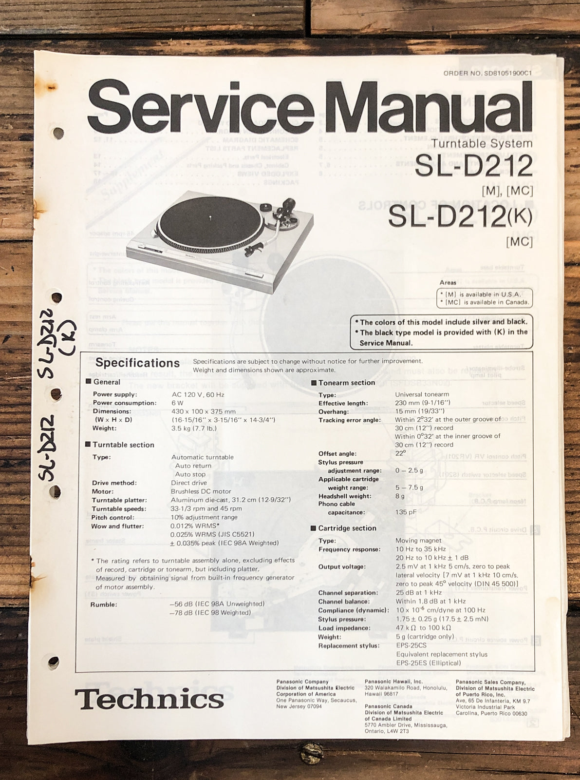 Technics SL-D212 Record Player / Turntable  Service Manual *Original*
