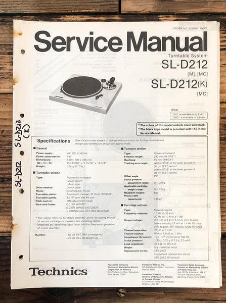 Technics SL-D212 Record Player / Turntable  Service Manual *Original*