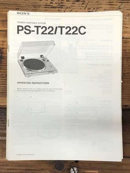 Sony PS-T22 PS-T22C Record Player / Turntable  Owner / User Manual *Original*