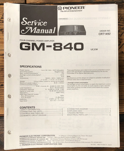 Pioneer GM-840 Amplifier  Service Manual *Original*