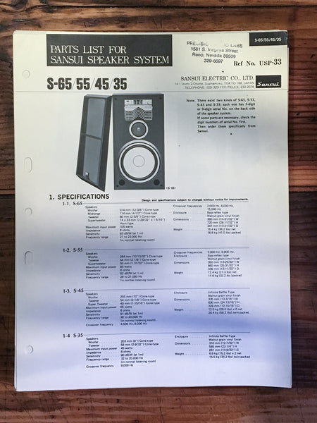 Sansui S-35 -45 -55 -65 Speaker Parts List Manual *Original*