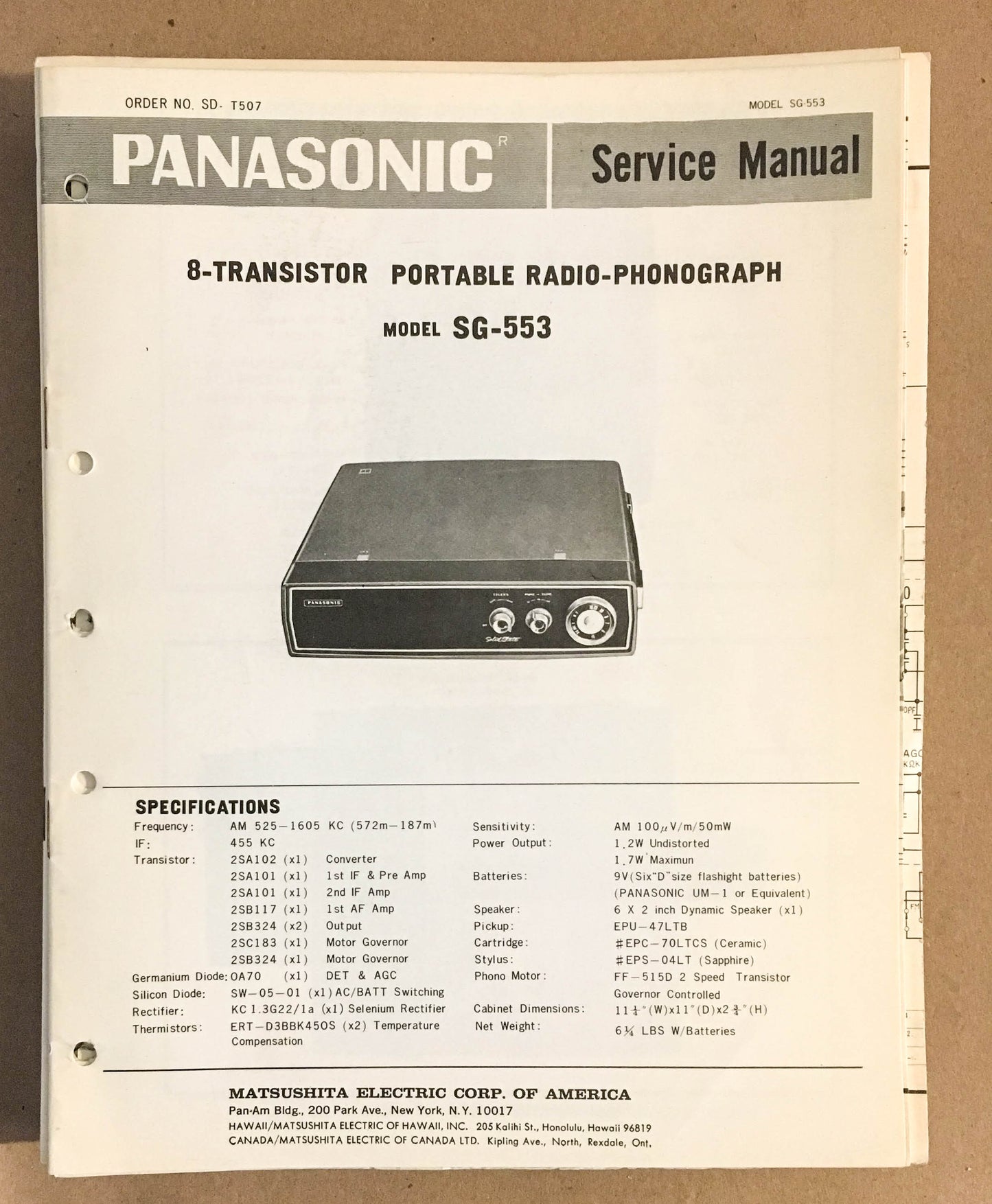 Panasonic SG-553 Radio / Record Player   Service Manual *Original*