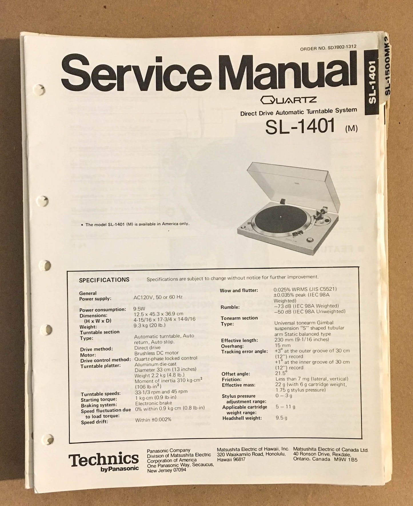 TECHNICS SL-1401 TURNTABLE RECORD PLAYER  Service Manual *Original*