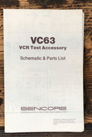 Sencore VC63 VCR Test Accessory Schematic & Parts List *Original*