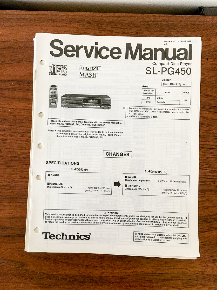Technics SL-PG450 CD Player Service Manual *Original*