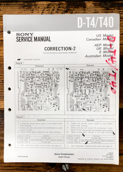 Sony D-T4 D-T40 CD Player / Discman Corr. Service Manual *Original*
