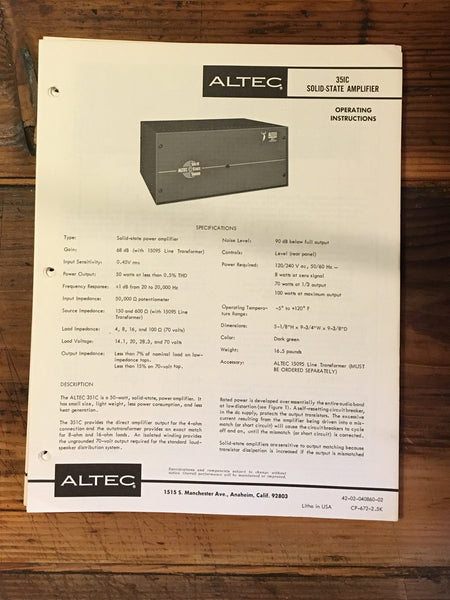 Altec 351C 351-C Amplifier Owner / Operating Instructions *Original*