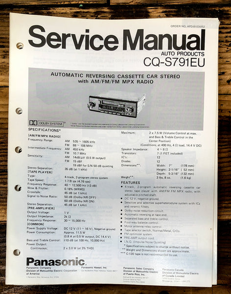 Panasonic CQ-S791EU Car Stereo  Service Manual *Original*