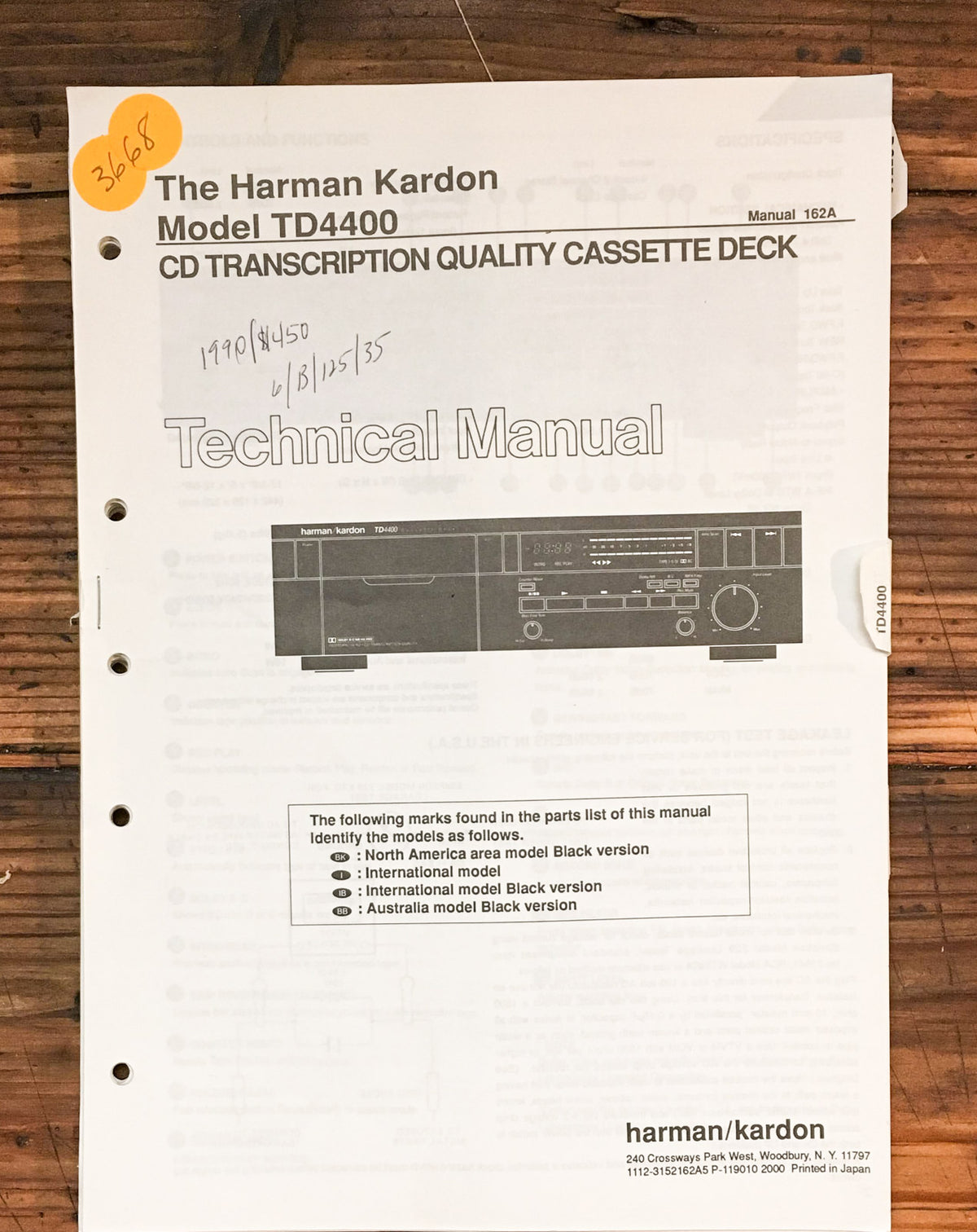 Harman Kardon TD4400 Cassette  Service Manual *Original*