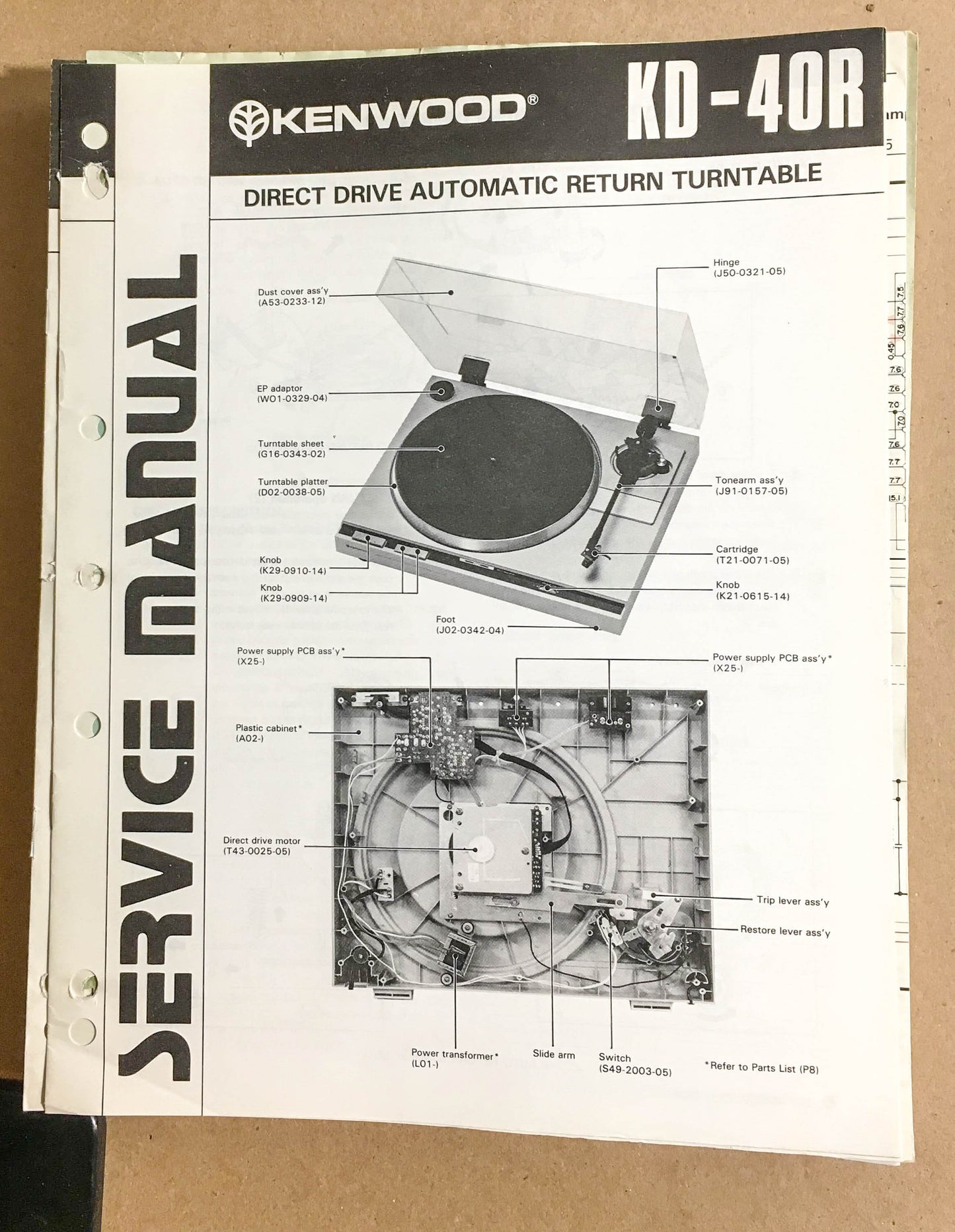 Kenwood KD-40R Turntable / Record Player  Service Manual *Original*