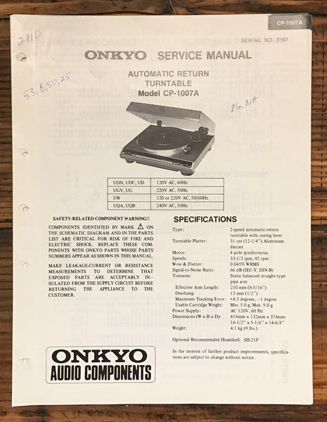 Onkyo CP-1007A Record Player / Turntable  Service Manual *Original*