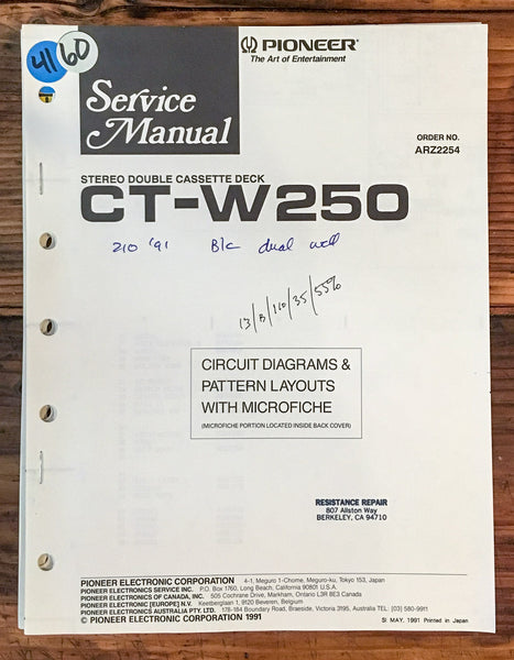 Pioneer CT-W250 Cassette Deck  Service Manual *Original*