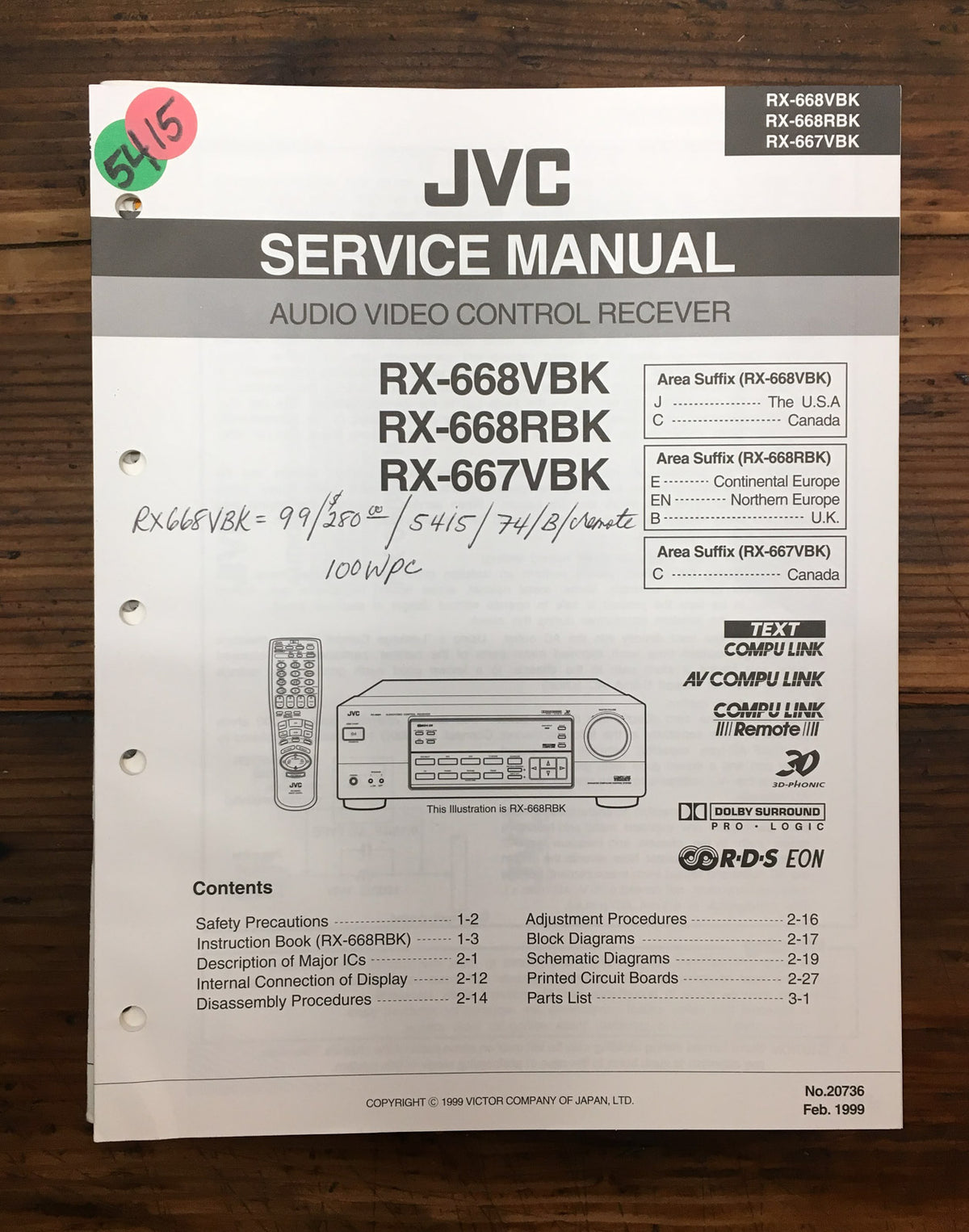 JVC RX-668 RX-668R RX-667 VBK Receiver  Service Manual *Original*