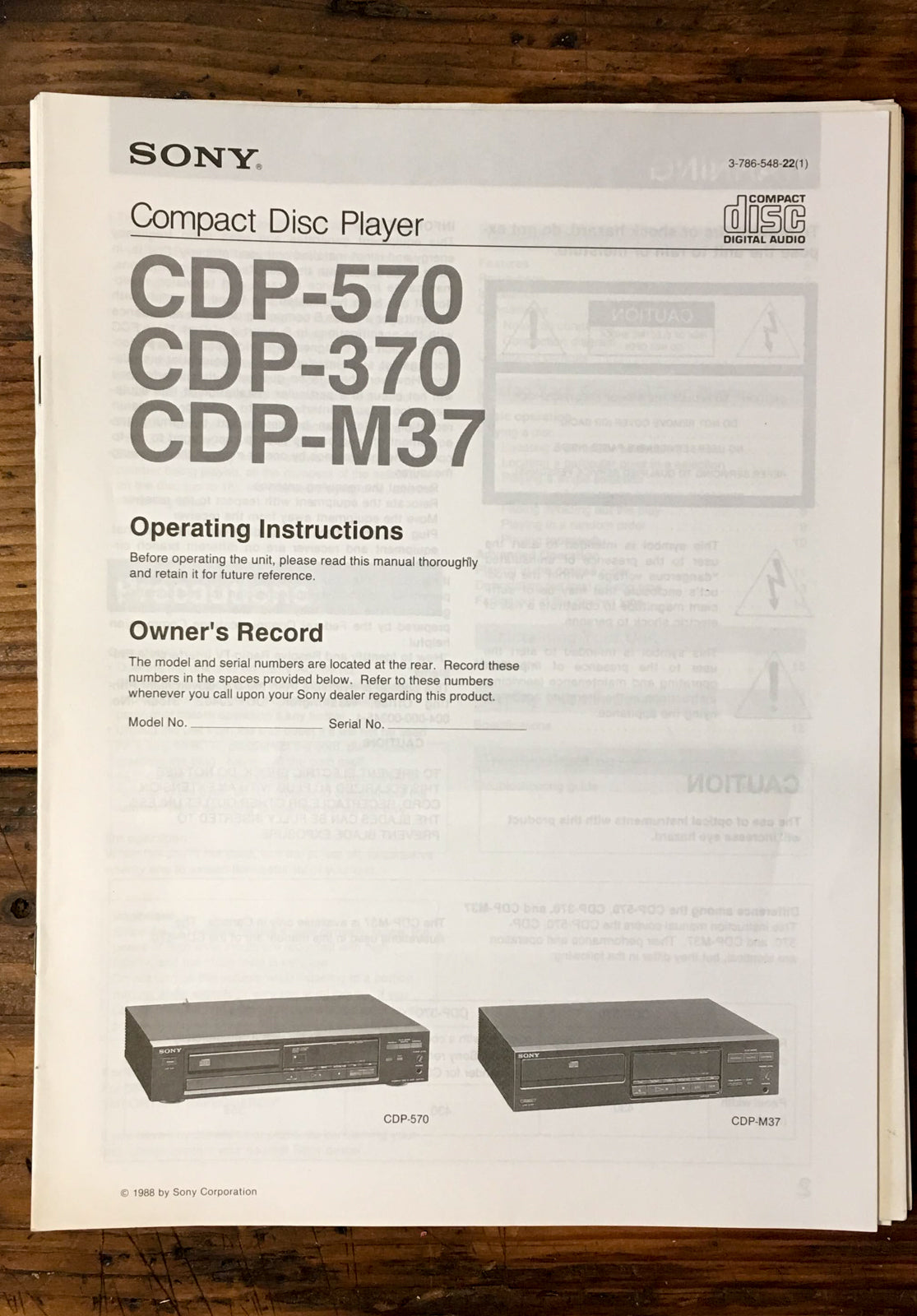Sony CDP-370 -570 -M37 CD Player User / Owner Manual *Original*